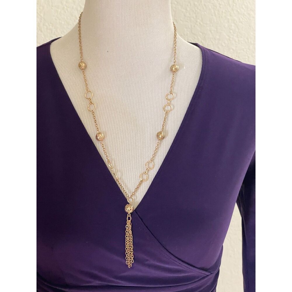 NWOT gold tone faceted beads long tassel y-drop Necklace 24"